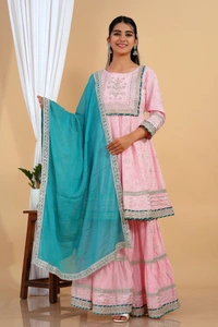 Premium heavy cotton lurex designer tire pattern gown with side slit detailed with heavy gota work all over. - Sky Dupatta And Work, L