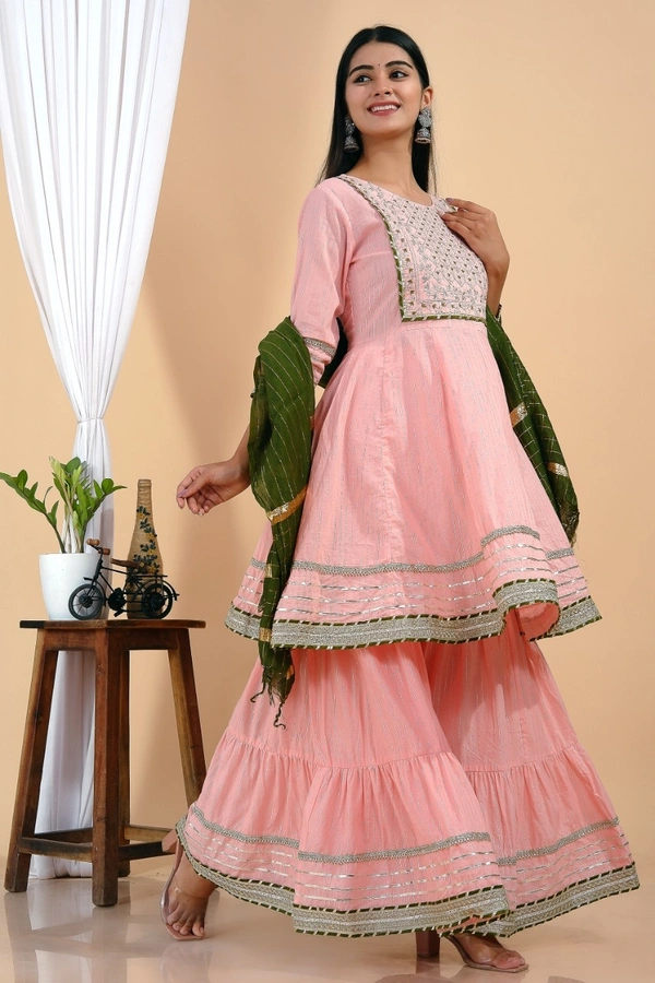 Premium heavy cotton lurex designer tire pattern gown with side slit detailed with heavy gota work all over. - Green Dupatta And Work, L