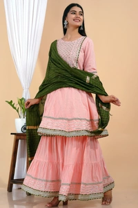 Premium heavy cotton lurex designer tire pattern gown with side slit detailed with heavy gota work all over. - Green Dupatta And Work, L