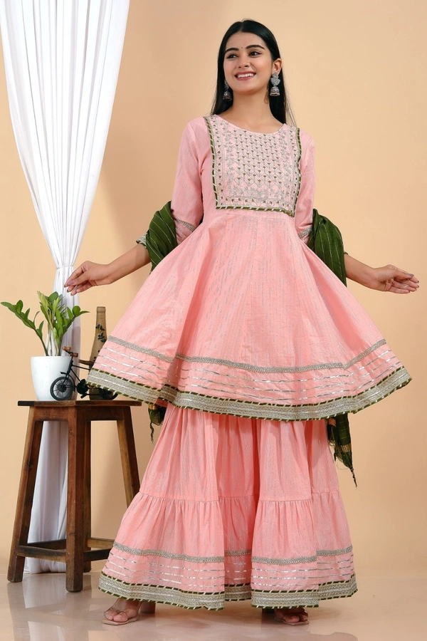 Premium heavy cotton lurex designer tire pattern gown with side slit detailed with heavy gota work all over. - Green Dupatta And Work, XL