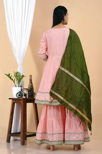 Premium heavy cotton lurex designer tire pattern gown with side slit detailed with heavy gota work all over. - Green Dupatta And Work, XL