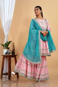 Premium heavy cotton lurex designer tire pattern gown with side slit detailed with heavy gota work all over. - Sky Dupatta And Work, XXL