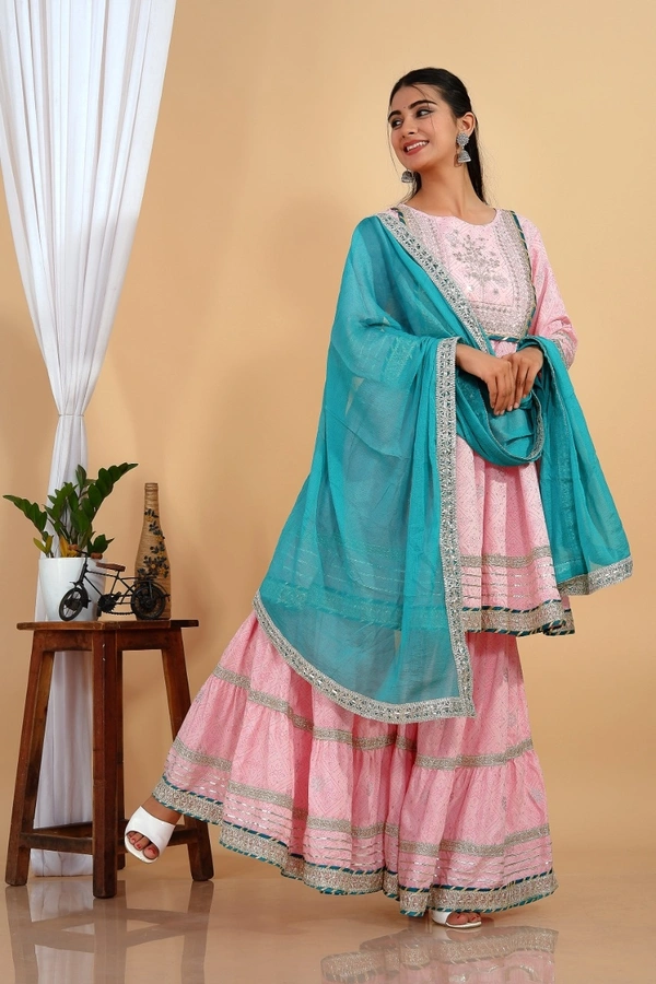 Premium heavy cotton lurex designer tire pattern gown with side slit detailed with heavy gota work all over. - Sky Dupatta And Work, XXL