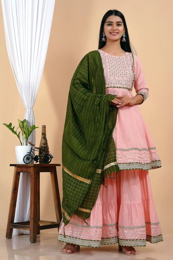 Premium heavy cotton lurex designer tire pattern gown with side slit detailed with heavy gota work all over. - Green Dupatta And Work, XXL