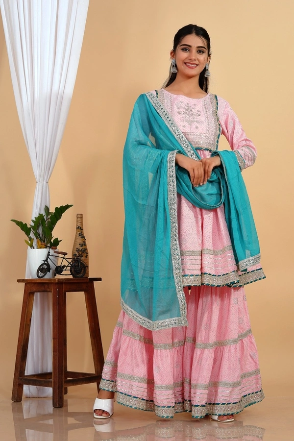 Premium heavy cotton lurex designer tire pattern gown with side slit detailed with heavy gota work all over. - Sky Dupatta And Work, XXL