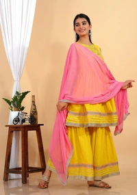 Premium heavy cotton lurex designer tire pattern gown with side slit detailed with heavy gota work all over. - XXL