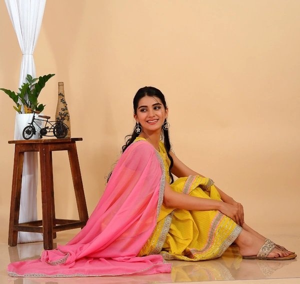 Premium heavy cotton lurex designer tire pattern gown with side slit detailed with heavy gota work all over. - XXL