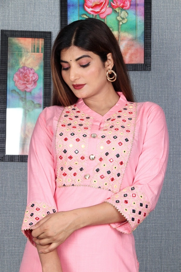 Beautiful Heavy Embroidery kurti with pant And beautiful matching Embroidery Bag 3 piece set - M, Pink