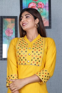 Beautiful Heavy Embroidery kurti with pant And beautiful matching Embroidery Bag 3 piece set - Yellow, M