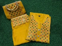 Beautiful Heavy Embroidery kurti with pant And beautiful matching Embroidery Bag 3 piece set - Yellow, M
