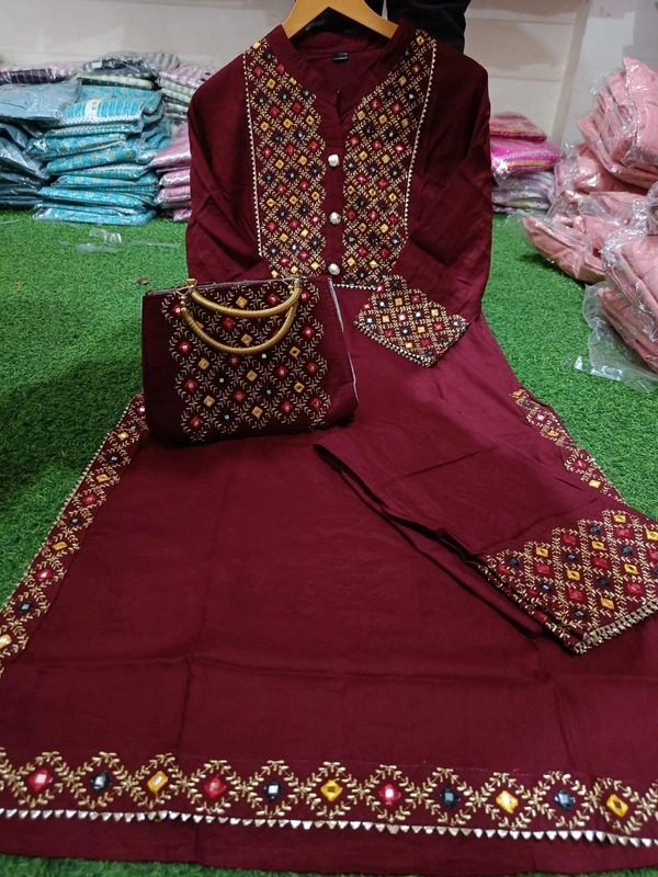 Beautiful Heavy Embroidery kurti with pant And beautiful matching Embroidery Bag 3 piece set - Maroon, M