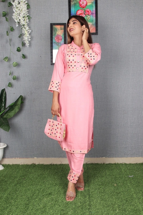 Beautiful Heavy Embroidery kurti with pant And beautiful matching Embroidery Bag 3 piece set - Pink, XL
