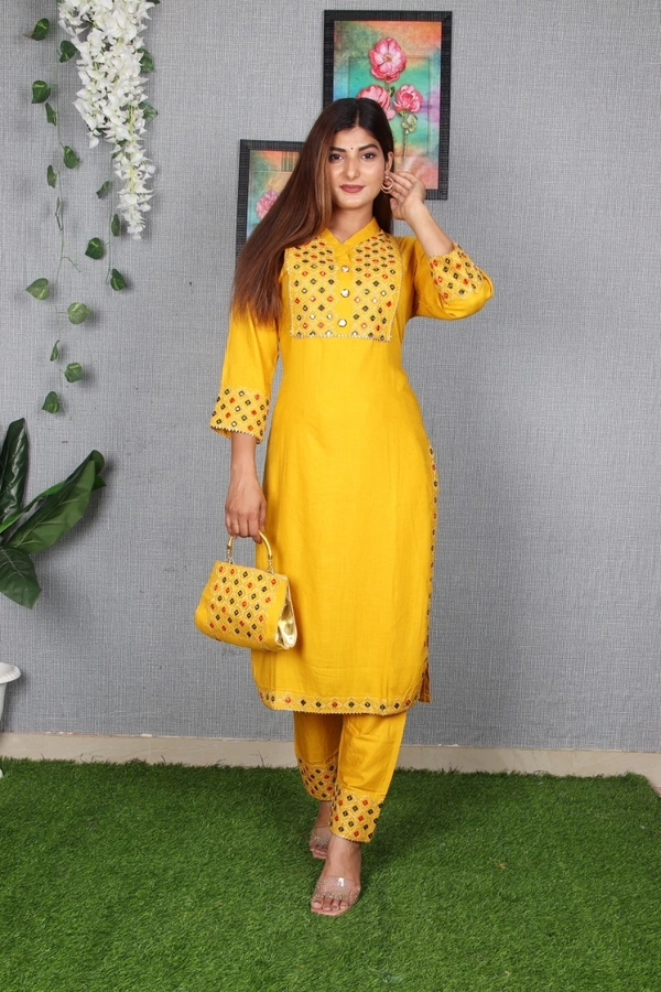 Beautiful Heavy Embroidery kurti with pant And beautiful matching Embroidery Bag 3 piece set - Yellow, XL