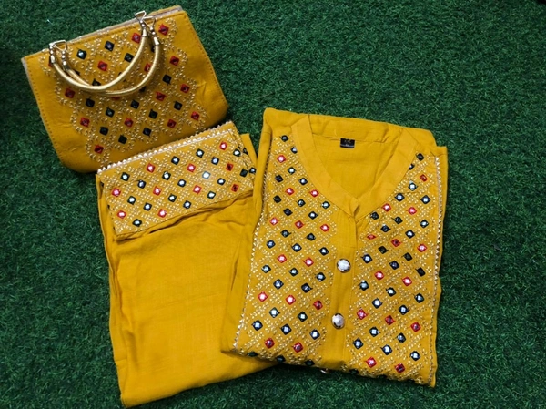 Beautiful Heavy Embroidery kurti with pant And beautiful matching Embroidery Bag 3 piece set - Yellow, XL