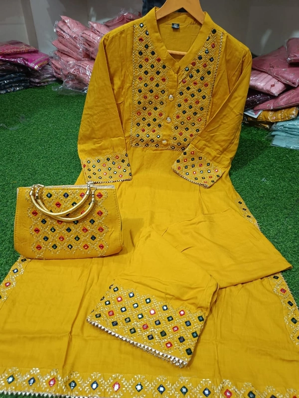 Beautiful Heavy Embroidery kurti with pant And beautiful matching Embroidery Bag 3 piece set - Yellow, XXL