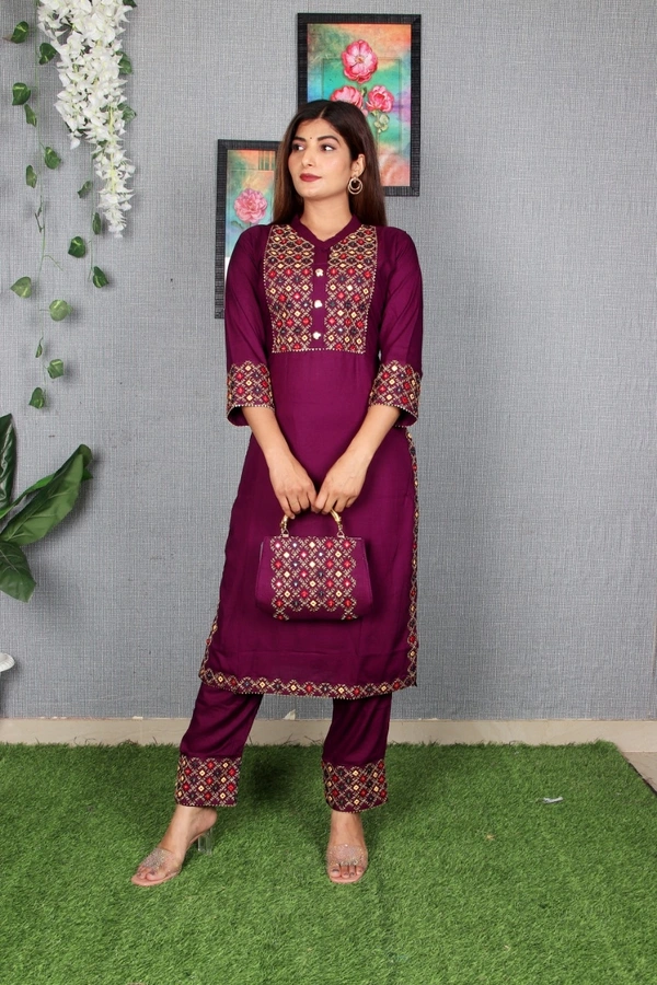 Beautiful Heavy Embroidery kurti with pant And beautiful matching Embroidery Bag 3 piece set - Purple, XXL