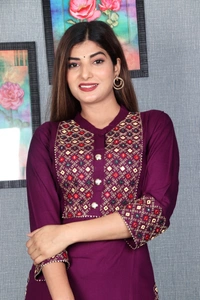 Beautiful Heavy Embroidery kurti with pant And beautiful matching Embroidery Bag 3 piece set - Purple, XXL