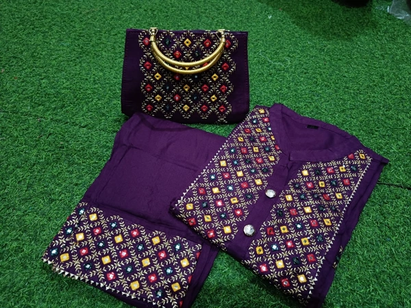 Beautiful Heavy Embroidery kurti with pant And beautiful matching Embroidery Bag 3 piece set - Purple, XXL