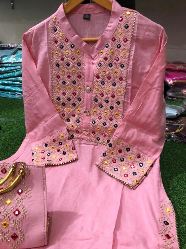 Beautiful Heavy Embroidery kurti with pant And beautiful matching Embroidery Bag 3 piece set - M, Pink
