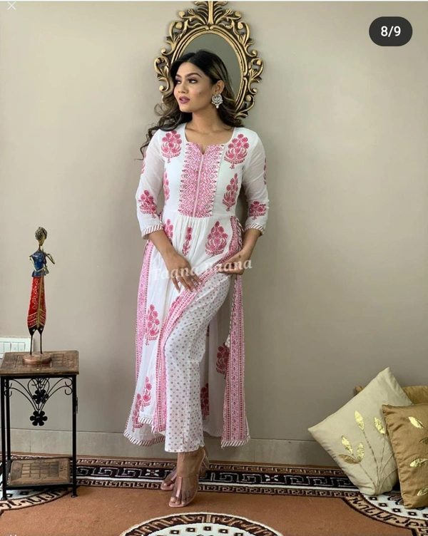 Look stylish in our new Hand Block print Long slit Cotton 60'60 kurta pant set for all day comfort - XL, Pink