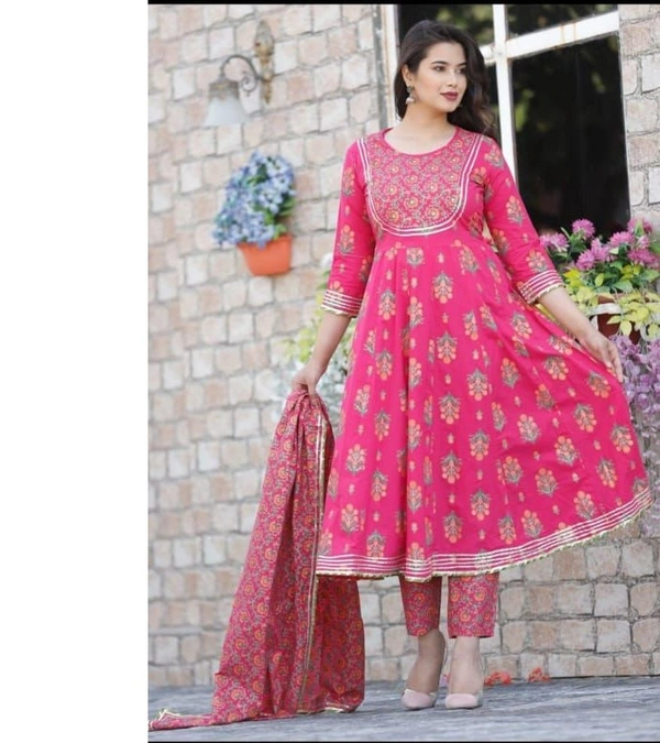 Anarkali Kurti With Pant With Dupatta - Pink, L