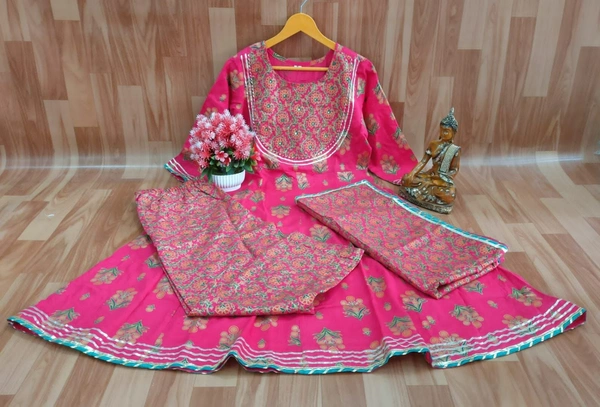 Anarkali Kurti With Pant With Dupatta - Pink, L