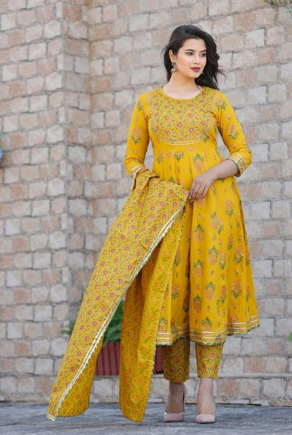 Anarkali Kurti With Pant With Dupatta - Yellow, M
