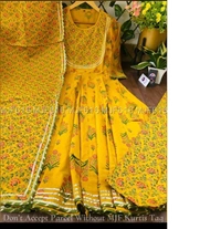 Anarkali Kurti With Pant With Dupatta - Yellow, M