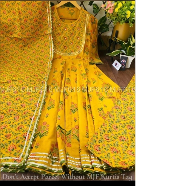 Anarkali Kurti With Pant With Dupatta - Yellow, M