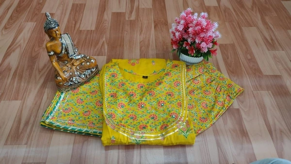 Anarkali Kurti With Pant With Dupatta - Yellow, M