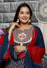 Beautiful Floral Printed Flairy Pattern Kurti with Full Length And Hand Butta In Front With Pant With Pant and Tie - Dye Dupatta - XXL