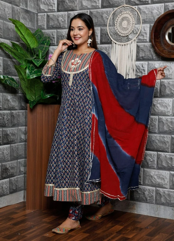 Beautiful Floral Printed Flairy Pattern Kurti with Full Length And Hand Butta In Front With Pant With Pant and Tie - Dye Dupatta - XXL