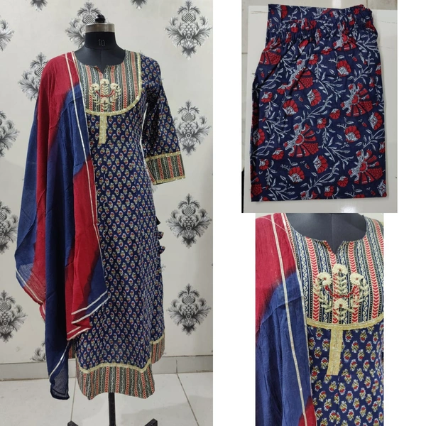 Beautiful Floral Printed Flairy Pattern Kurti with Full Length And Hand Butta In Front With Pant With Pant and Tie - Dye Dupatta - XXL
