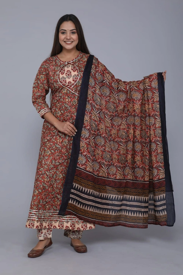 premium pure cotton frock style kurti with pants with duptta heavy less work paired ap with cotton pants with lace bagru print - XXL