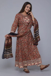 premium pure cotton frock style kurti with pants with duptta heavy less work paired ap with cotton pants with lace bagru print - XXL