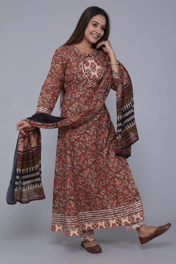 premium pure cotton frock style kurti with pants with duptta heavy less work paired ap with cotton pants with lace bagru print - XXL