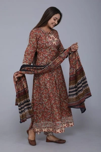 premium pure cotton frock style kurti with pants with duptta heavy less work paired ap with cotton pants with lace bagru print - XXL