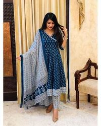 latest beautiful blue indigo cotton printed kurti with cotton pant,and dupatta set - XXL