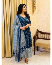 latest beautiful blue indigo cotton printed kurti with cotton pant,and dupatta set - XXL