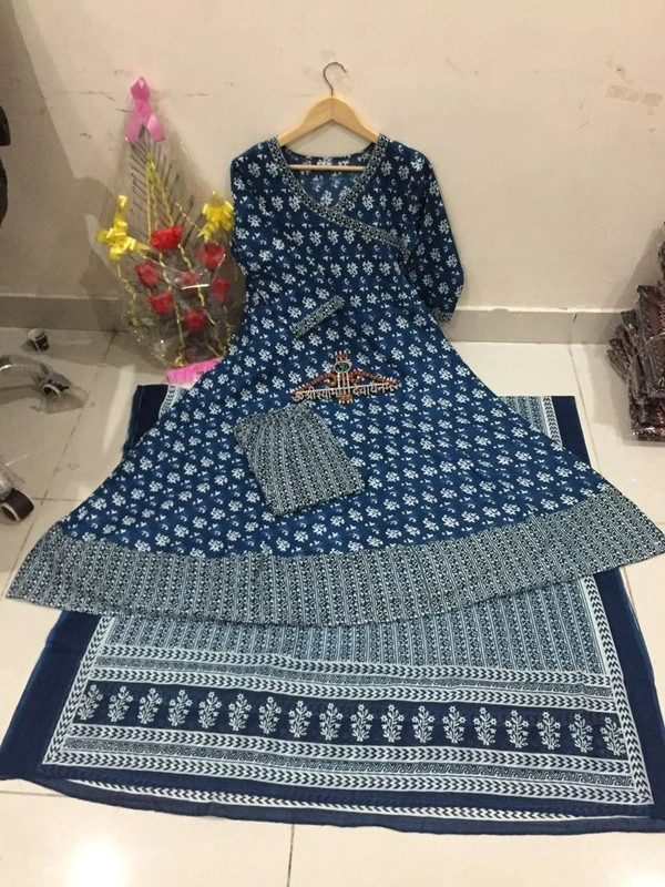latest beautiful blue indigo cotton printed kurti with cotton pant,and dupatta set - XXL