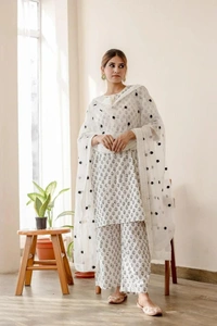 beautiful daisy white cotton hand printed kurti with lace work with plazo and kota doria dupatta - XXL