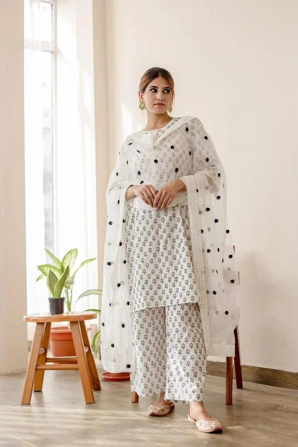 beautiful daisy white cotton hand printed kurti with lace work with plazo and kota doria dupatta - XXL