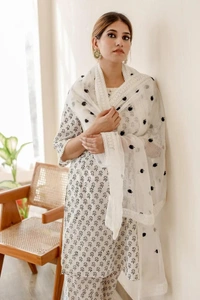 beautiful daisy white cotton hand printed kurti with lace work with plazo and kota doria dupatta - XXL