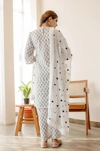 beautiful daisy white cotton hand printed kurti with lace work with plazo and kota doria dupatta - XXL