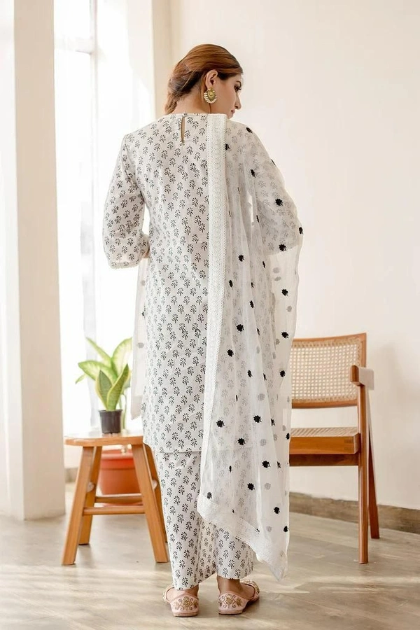 beautiful daisy white cotton hand printed kurti with lace work with plazo and kota doria dupatta - XXL