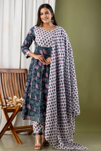 Anarkali kurti with pant and mulmul duppatta - XL