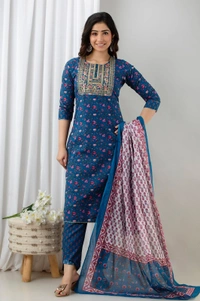 👗Cotton Kurta paired with Pant n beautiful' Duppata... - M, Navy Blue