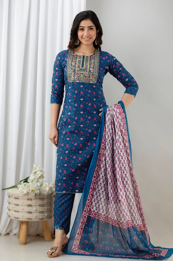 👗Cotton Kurta paired with Pant n beautiful' Duppata... - M, Navy Blue