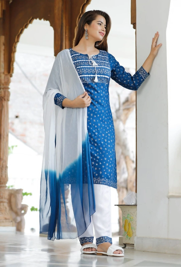 👗Rayon fabric kurti with pant and dupatta - Blue, L