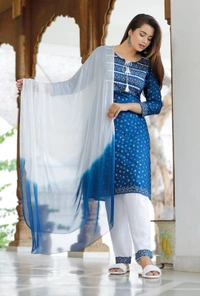 👗Rayon fabric kurti with pant and dupatta - Blue, L